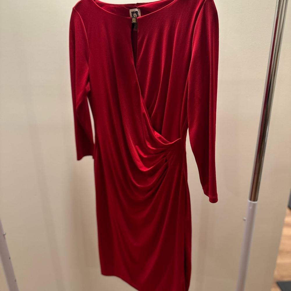 Anne Klein Red Long Sleeve Ruched Dress